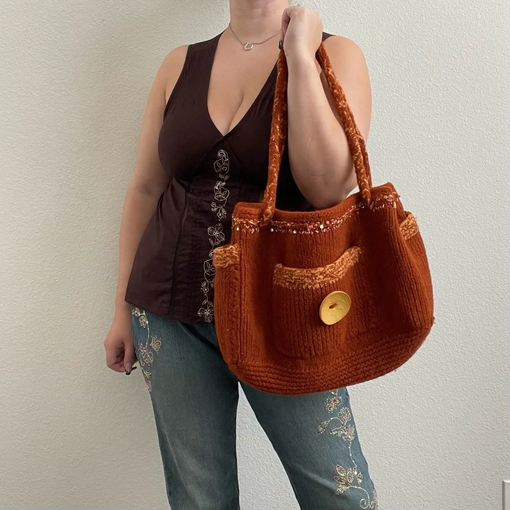 90s Burnt Orange Handmade Sequin Knit Felted Wool Slouchy Hobo Shoulder Bag Tote